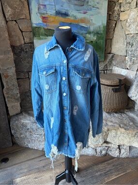 Highway Jeans Distressed Denim Shacket Longline Button Front Jacket Size Large